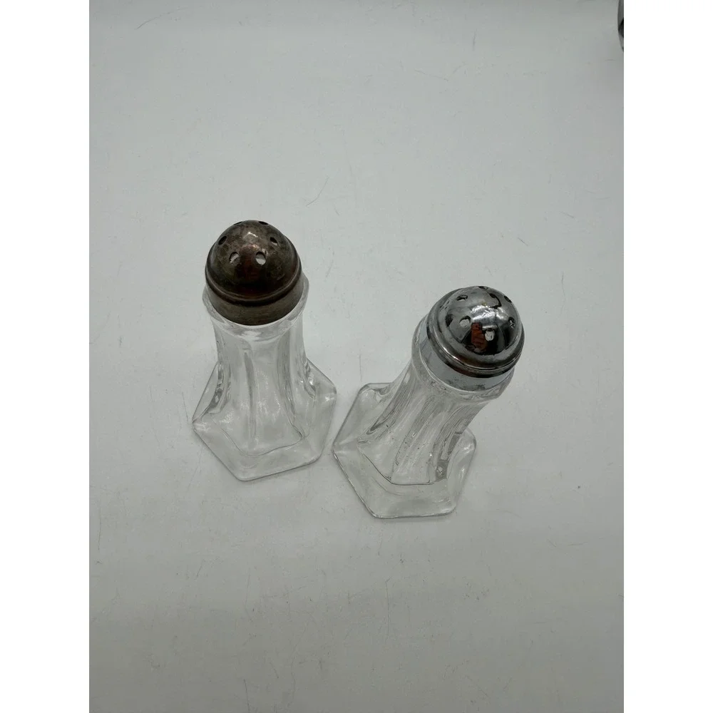 Vintage Paneled Clear Glass Salt and Pepper Shakers Hexagon Base Set of 2